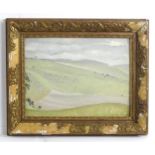 20th century, Oil on canvas board, A naive landscape with rolling hills. Stamped verso Newman Soho