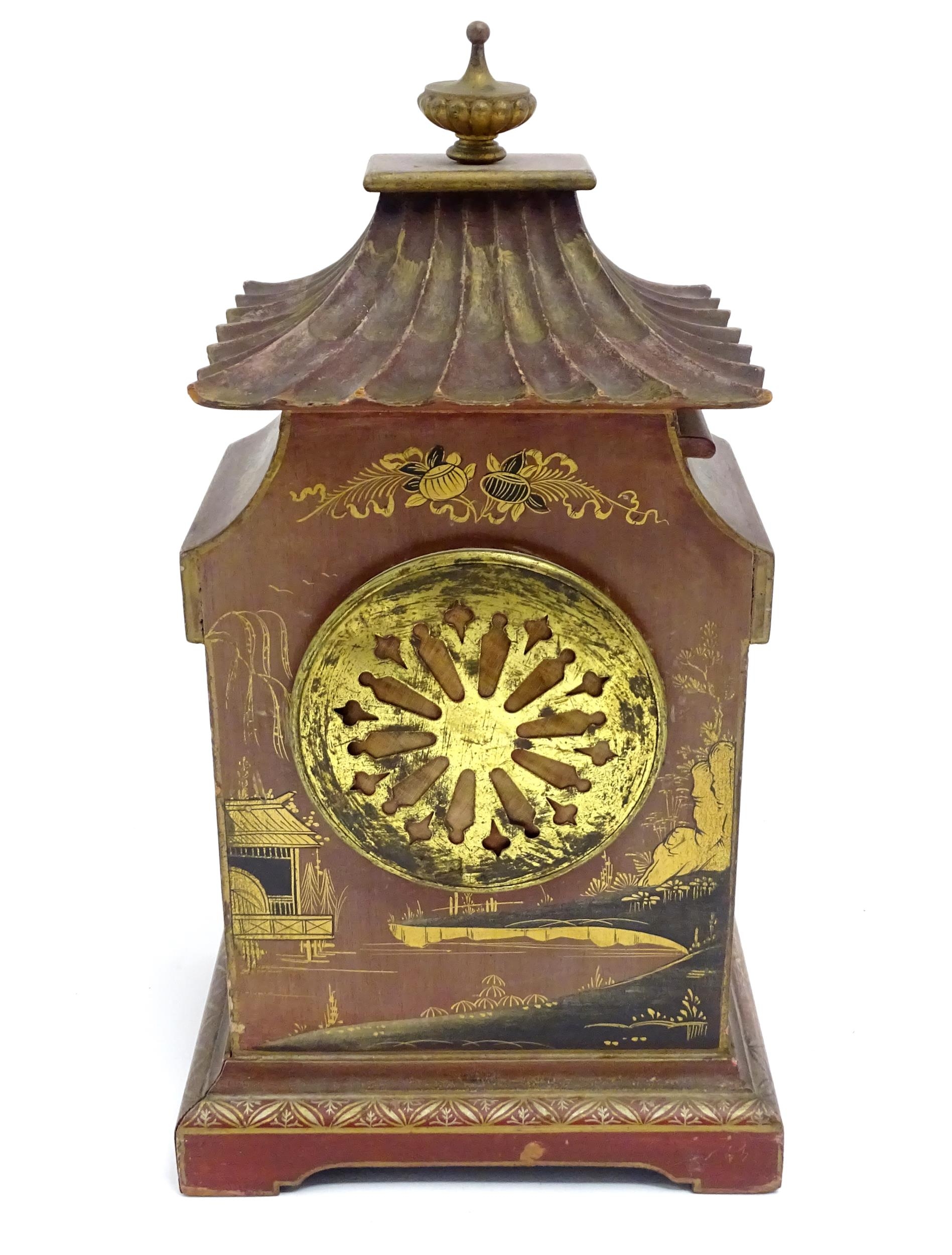 A French Chinoiserie mantle clock the white enamel dial with 8-day movement striking on a gong. - Image 8 of 15