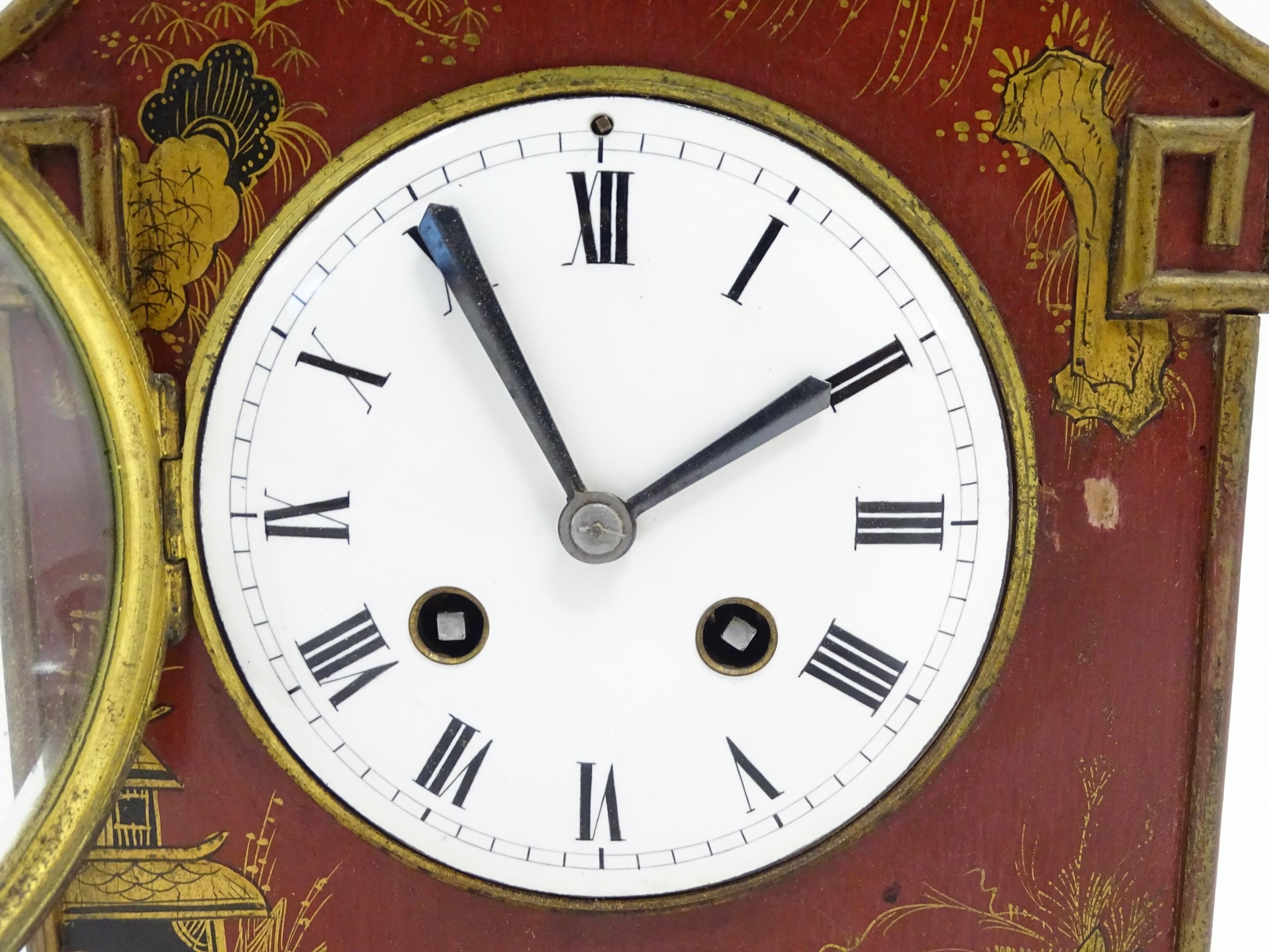 A French Chinoiserie mantle clock the white enamel dial with 8-day movement striking on a gong. - Image 5 of 15