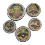 Five assorted Oriental cloisonne bowls, four decorated with dragons and flaming pearl detail, the