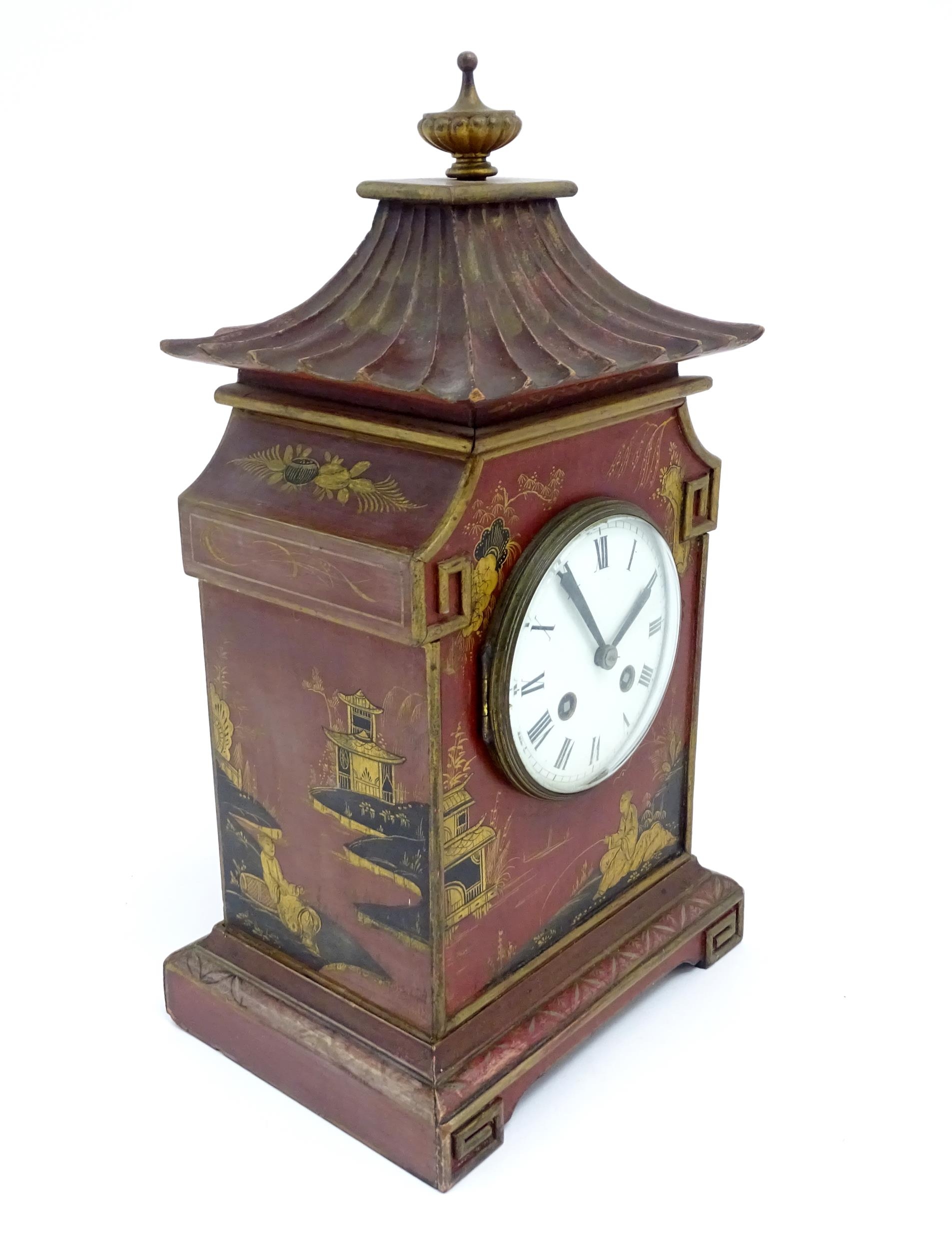 A French Chinoiserie mantle clock the white enamel dial with 8-day movement striking on a gong. - Image 4 of 15