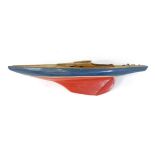 Toy: A 20thC scratch built wooden model of a boat / pond yacht with blue, red and white painted