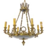 A Danish gilt metal 8 branch chandelier decorated with laurel chaplet and acanthus scroll detail.