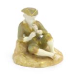 A Royal Worcester figure modelled as a seated piper boy wearing a tricorn hat. Marked under and