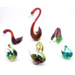Six assorted art studio glass models of stylised birds to include swans etc. including Murano