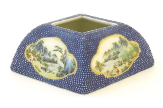 A Chinese brush wash pot of lozenge form with panel decoration depicting landscape scenes. Character - Image 1 of 7