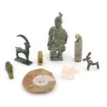 A quantity of assorted items to include rose quartz model of an elephant, an Oriental hand seal, a