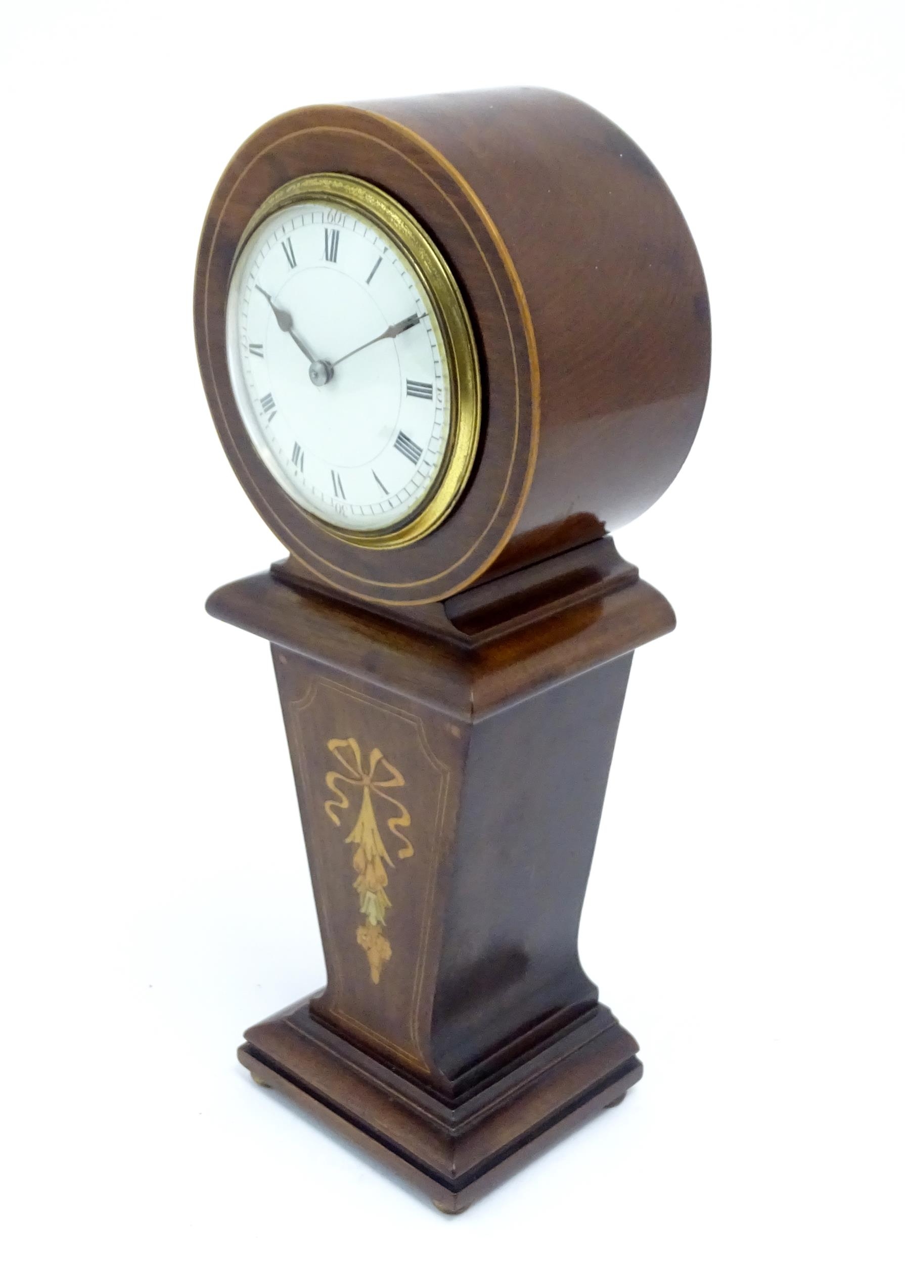 A mahogany mantle clock with inlaid detail and white enamel dial with movement by Duverdrey & - Image 4 of 9