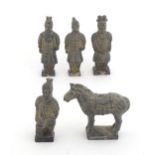 Five Chinese terracotta models comprising four warrior figures and a horse, after sculptures found