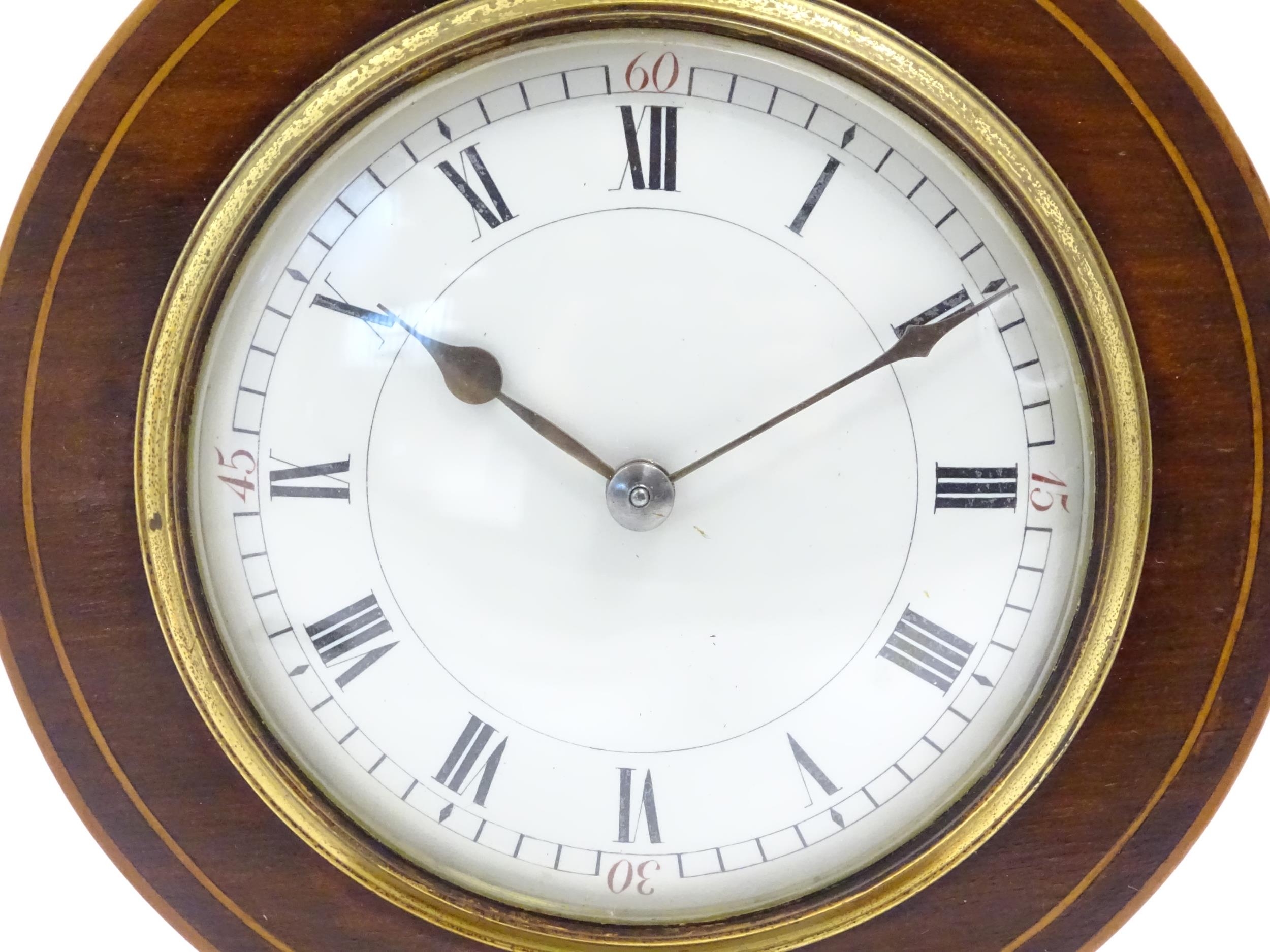 A mahogany mantle clock with inlaid detail and white enamel dial with movement by Duverdrey & - Image 5 of 9