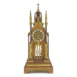 A French cathedral clock of gothic architectural design with ormolu mounts, having pointed finials