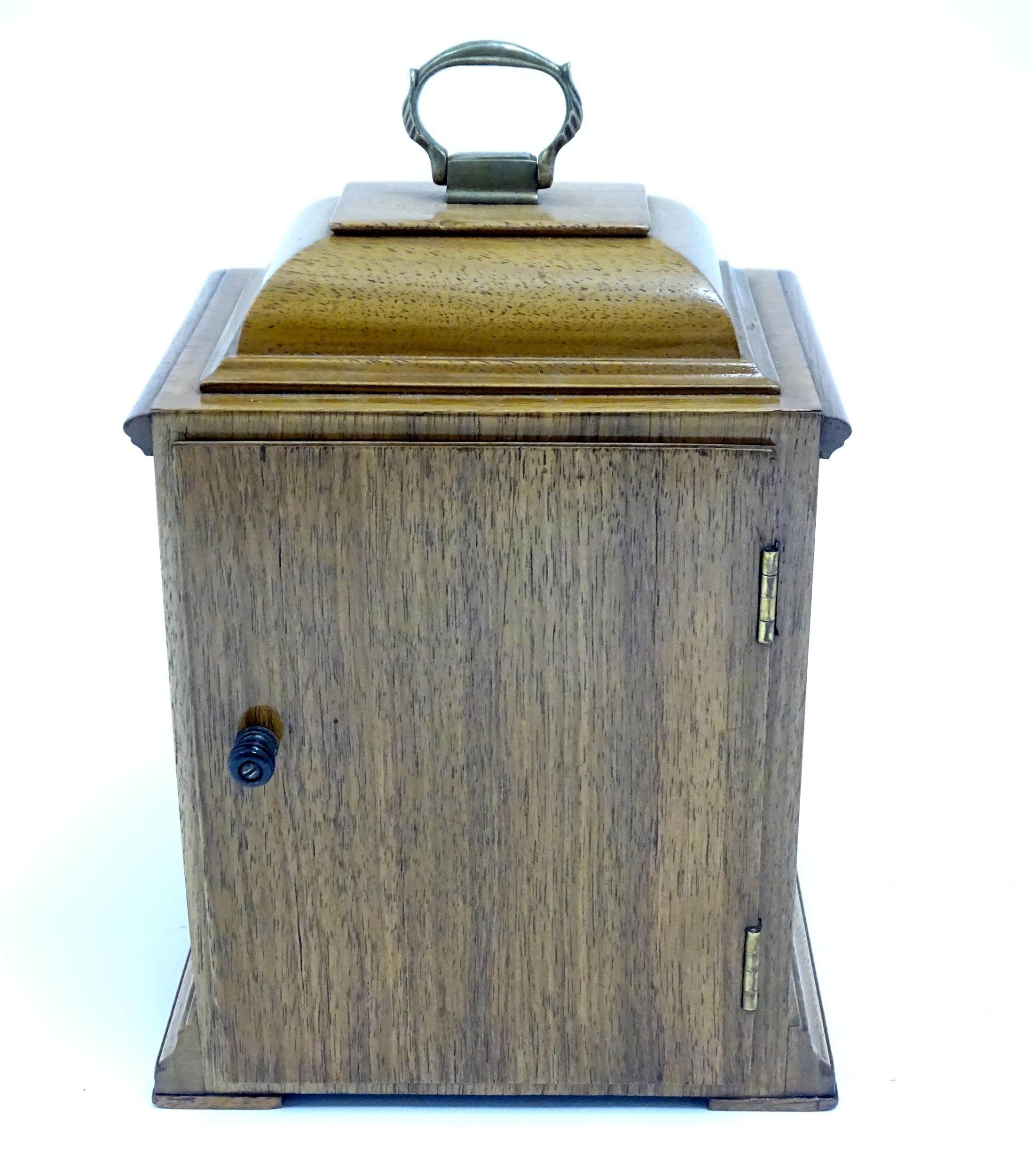 A 20thC walnut cased mantle clock with brass dial and silvered chapter ring with Roman numerals. - Image 8 of 9