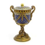 A 19thC Continental pedestal cobalt blue pot and cover with gilt highlights, cast brass stand,