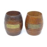 Militaria, WWI / World War 1 / WW1 / First World War : two turned teak pots formed as barrels,