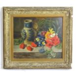 20th century, Oil on board, A still life study with a German salt glazed stoneware vase with blue