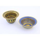 Two studio pottery bowls by Mary Rich (b.1940) with blue and gilt geometric detail. Marked under.