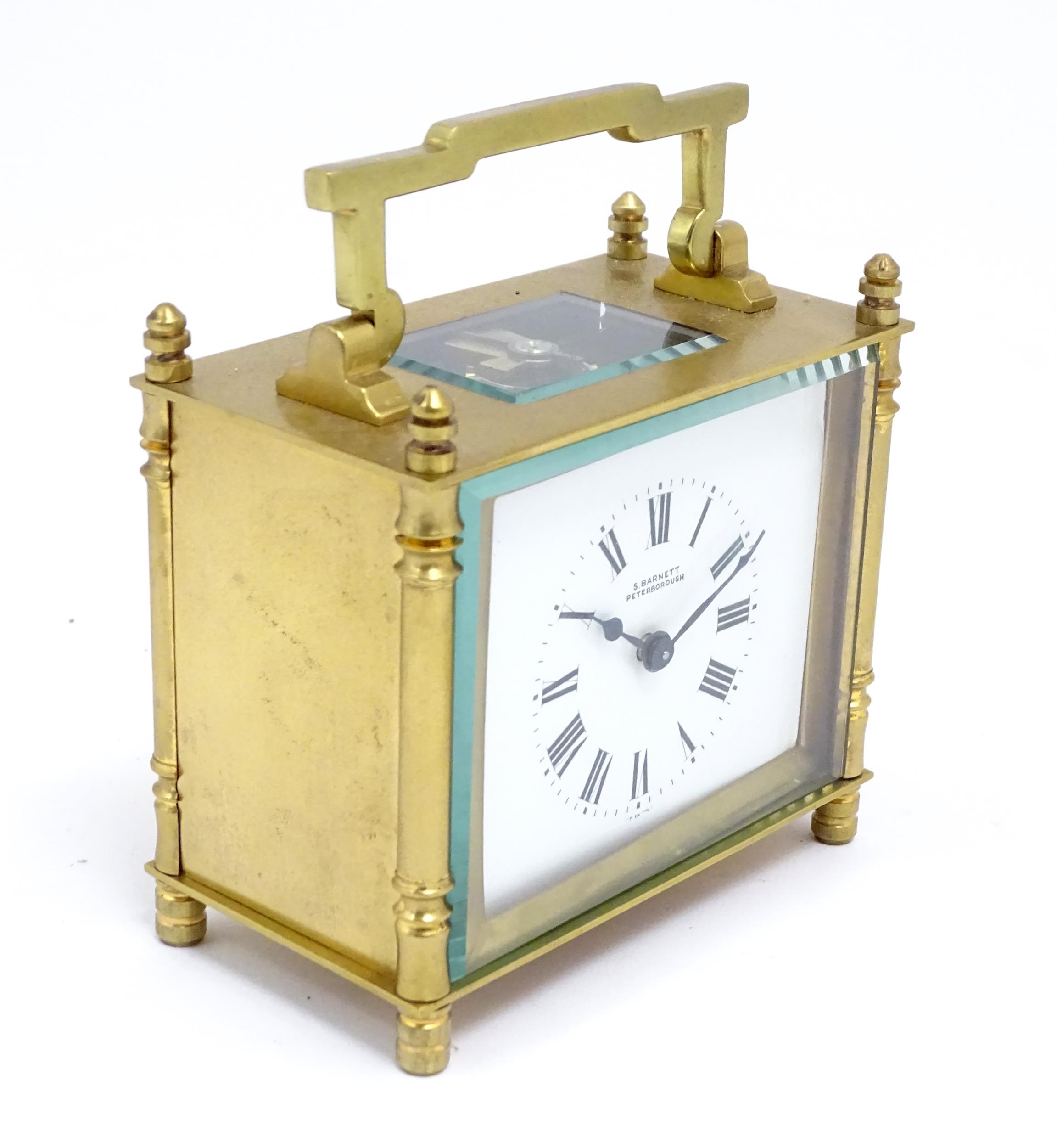 A French brass cased carriage clock with white enamel dial signed ' S Barnett Peterborough ' the - Image 4 of 9