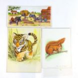 Three watercolour book illustrations to include a red squirrel perched on a branch eating an acorn