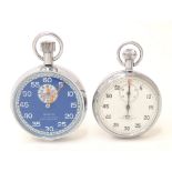 Two Swiss pocket stop watch timers, one with blue dial by Dracip, the other by Summit. Largest