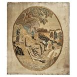 * Embroidered picture. English oval needlework of a lady in a pastoral landscape, circa 1790s