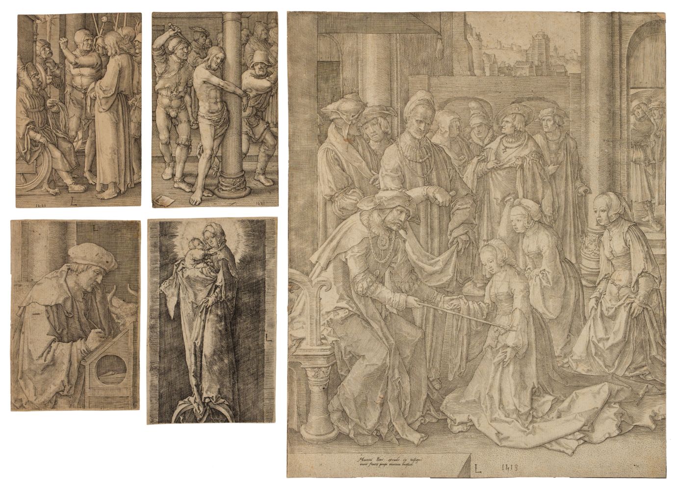 * Leyden (Lucas van, 1494-1533). Two engravings from The Passion and three others