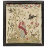 * Embroidered picture. Elijah fed by ravens, early 18th century