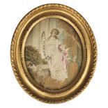 * Embroidered picture. Oval picture of a young girl and a lamb, circa 1790-1810