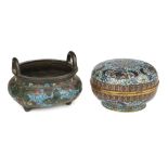 * Chinese Cloisonne. A 19th-century Chinese cloisonne enamel box and censer