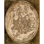 * Embroidered map. Oval map of England & Wales by Eu.[nice Denton] Birch (1777-1877), 1784