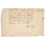 * Carey (Robert, 1560-1639). Lower portion of a Document Signed, ‘Ro: Cary’