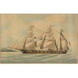 * Marine. Gabrioh (L.), Large watercolour of a French Merchantman, 1878