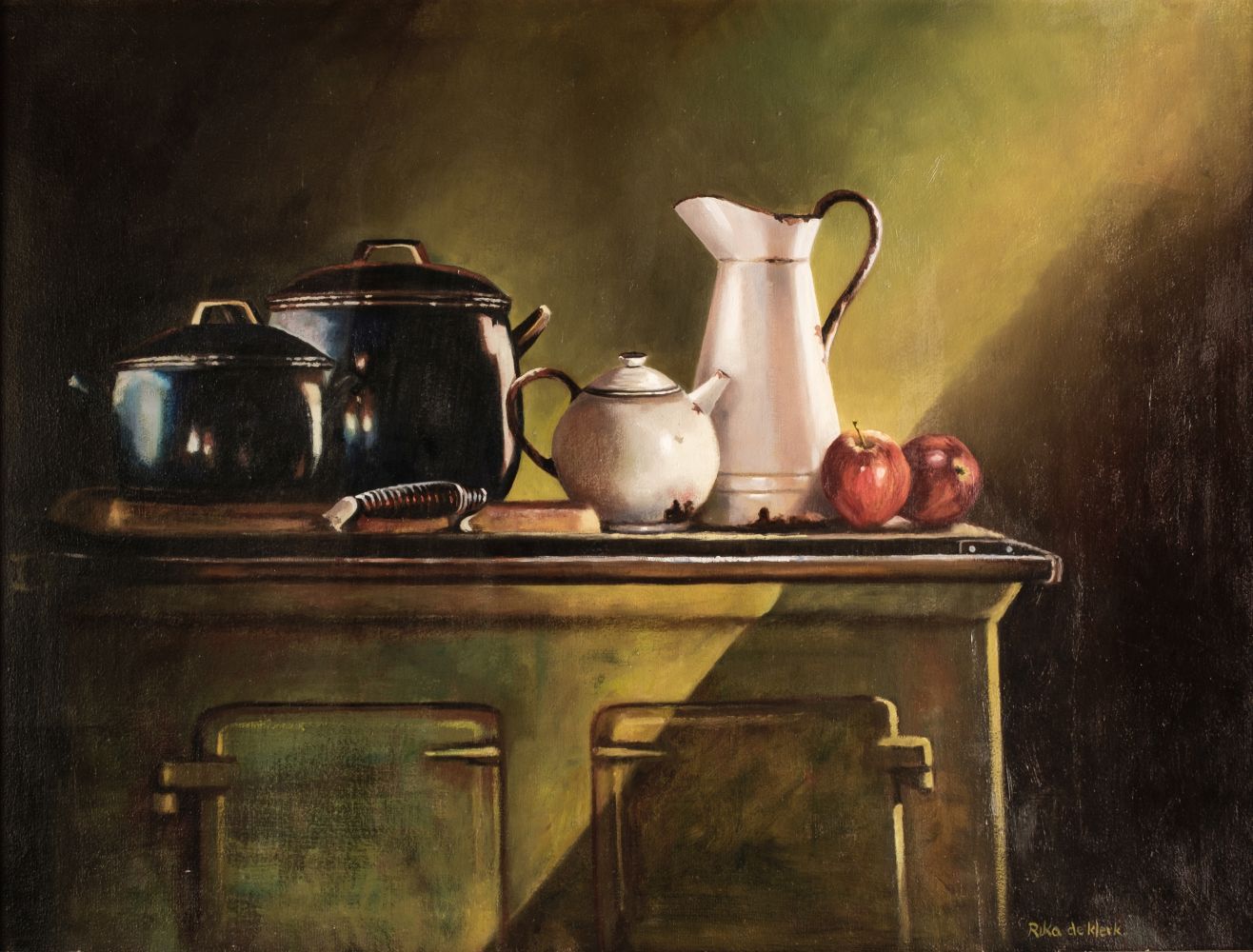 * De Klerk, Rika (born 1944). A kitchen still life, oil on canvas