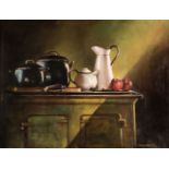 * De Klerk, Rika (born 1944). A kitchen still life, oil on canvas
