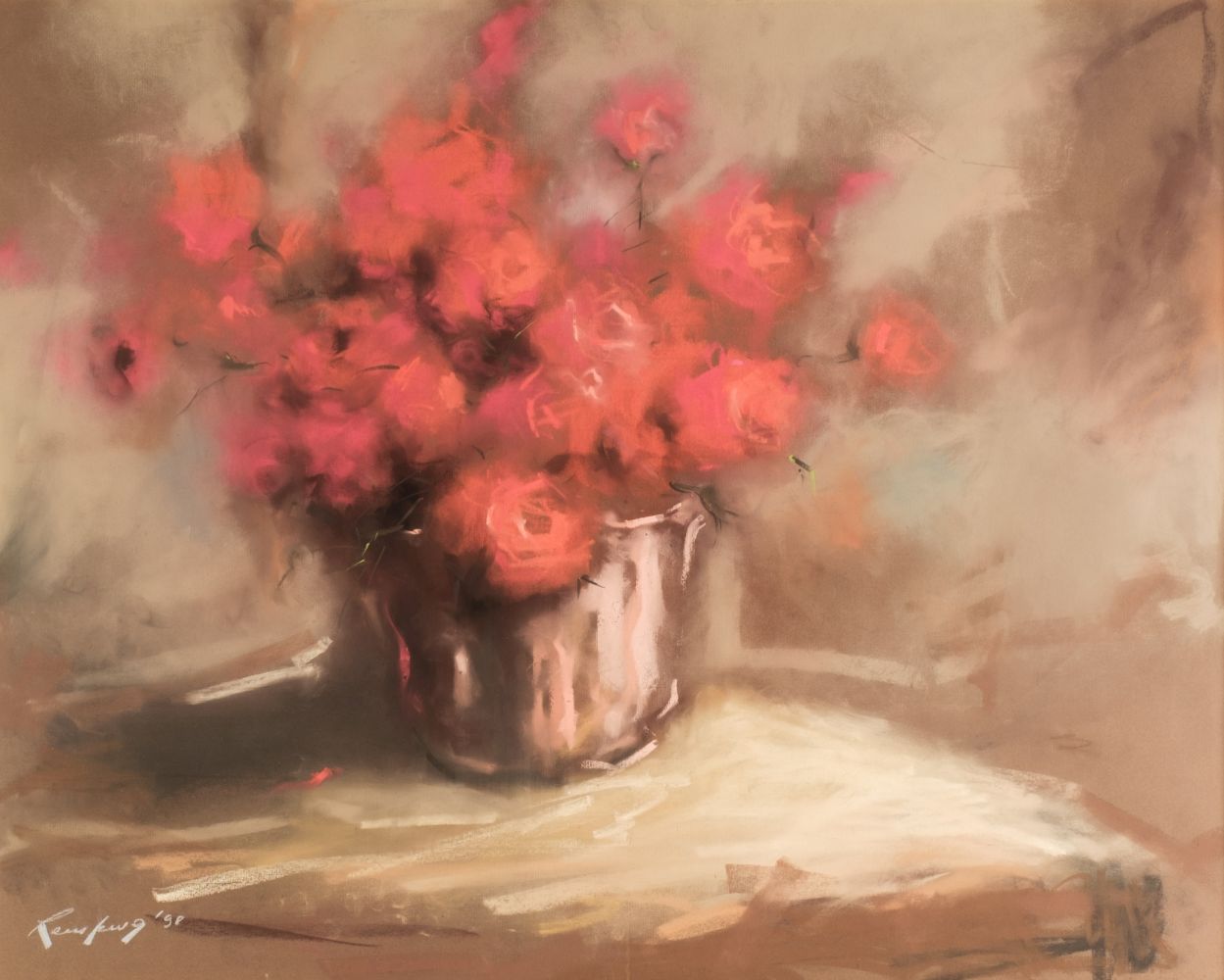 * South African School. Still life of roses in a vase, pastels on brown paper