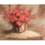 * South African School. Still life of roses in a vase, pastels on brown paper