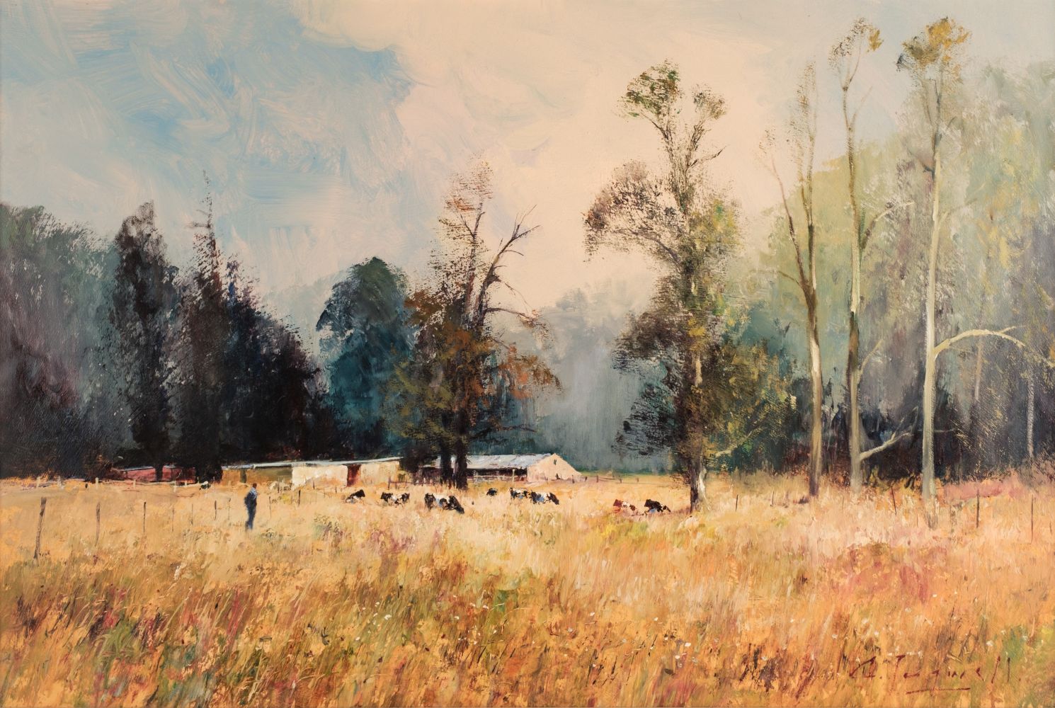 * Tugwell (Christopher, 1938-2021). South African landscape with cows, oil on hardboard