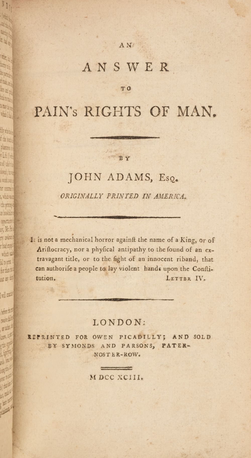 Adams (John). An Answer to Pain's Rights of Man, 2nd UK edition, 1793 - Image 3 of 3