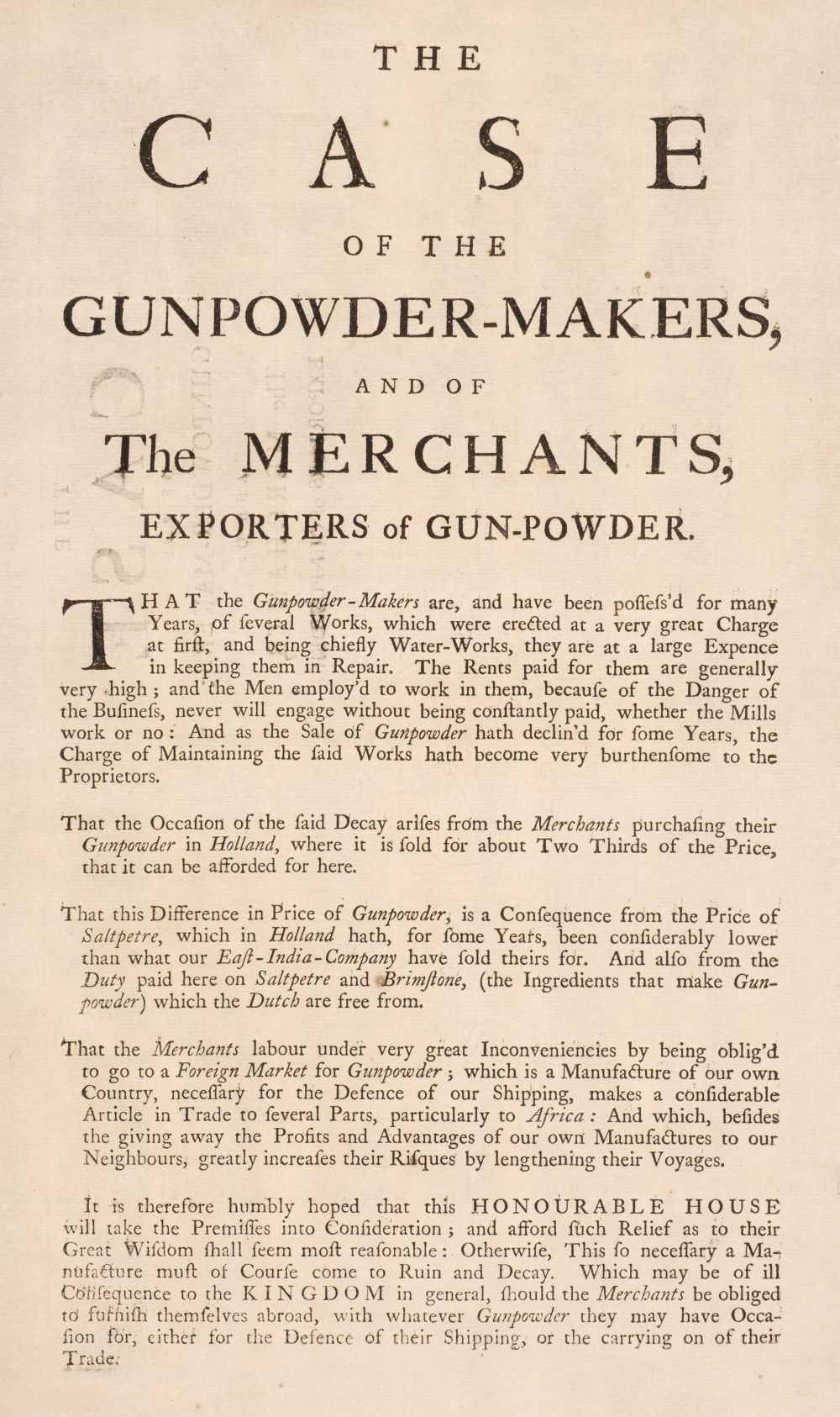 Commerce. The case of the gunpowder-makers, and of the merchants, exporters of gun-powder, [1730]