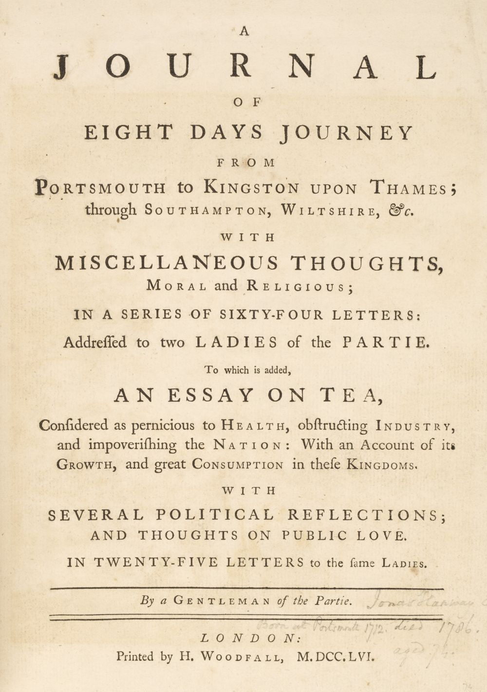 [Hanway, Jonas]. A Journal of eight days Journey from Portsmouth to Kingston-upon-Thames, 1756