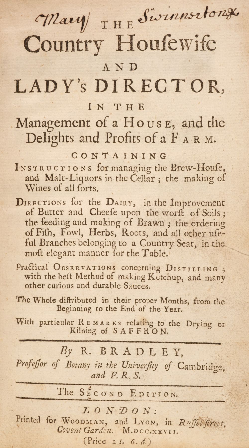 Bradley (Richard). The Country Housewife and Lady's Director, 2nd edition, 1727