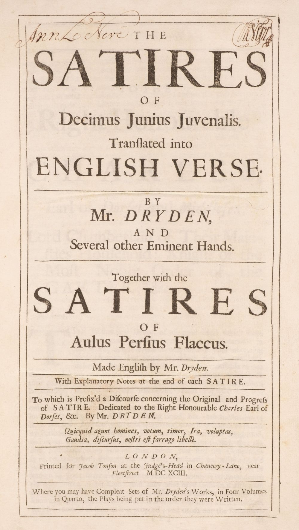 Dryden (John, translator). The Satires of Decimus Junius Juvenalis, 1st edition, 1693