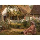 British Impressionist School. Girl in a Cottage Garden, late 19th century, oil on board