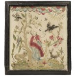 Embroidered panels. A pair of framed decorative panels, 18th century