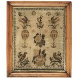 Sampler. An unusual sampler depicting hot air balloons, by Rebecca Ross, 1854