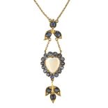 Necklace. An 18ct gold sapphire and moonstone drop necklace