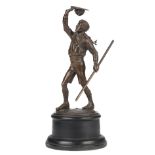 Scouting. A bronze figured modelled as a Boy Scout with presentation plaque