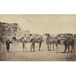 Egypt. Two views with figures and camels outside city walls, 1865s