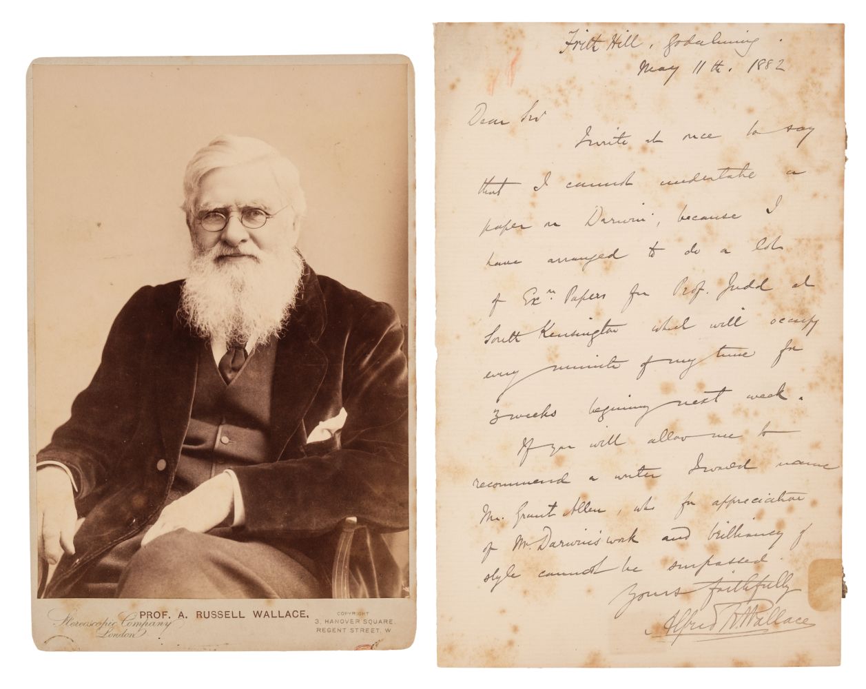 Wallace (Alfred Russel, 1823-1913). Autograph Letter Signed, 1882