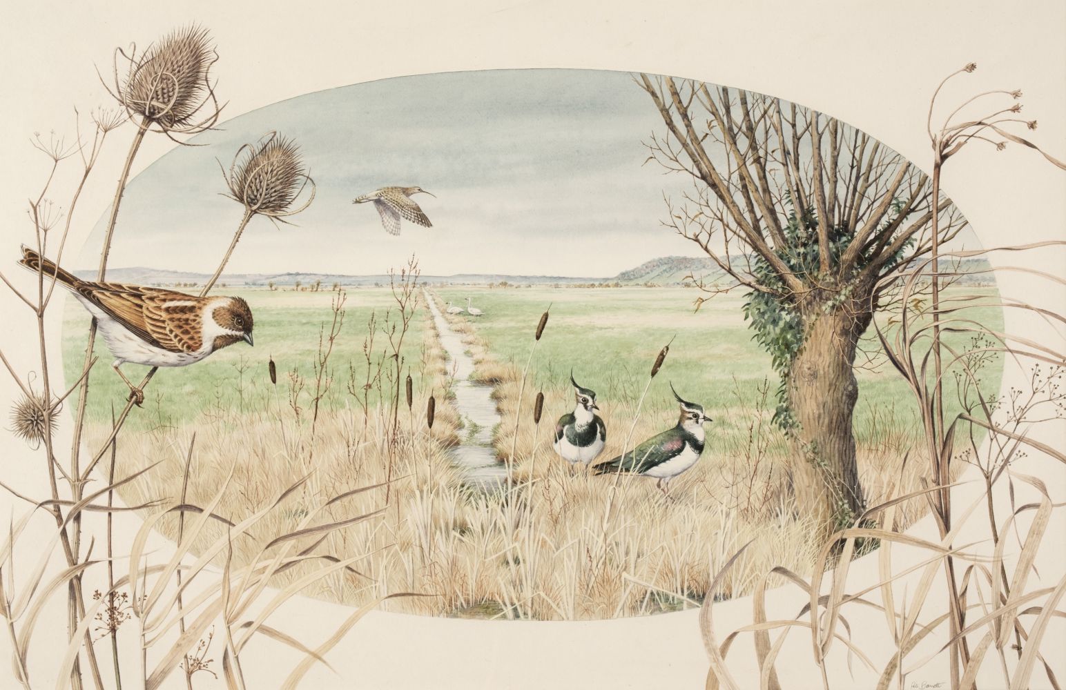 Barrett (Peter, 1935). Countrylandscape, watercolour, pen and ink