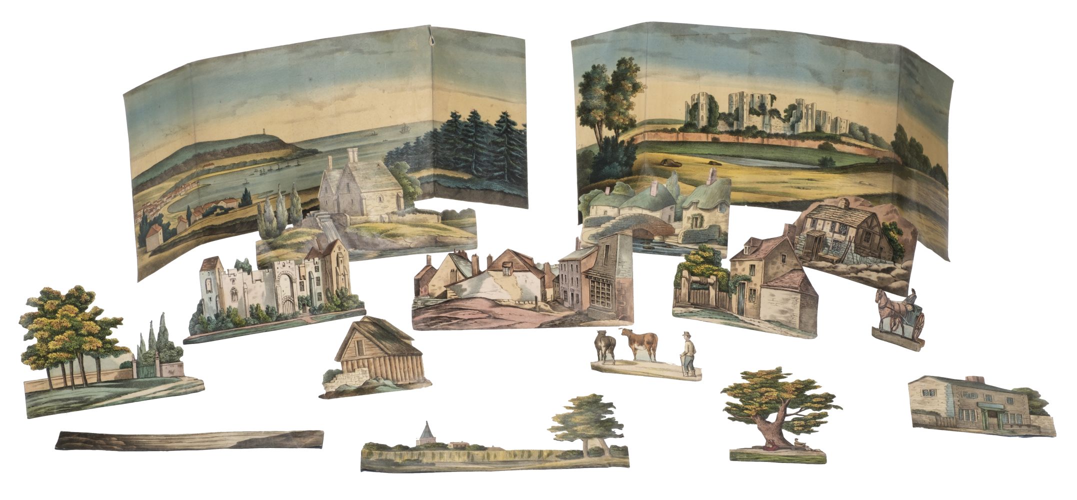 Miniature scenery. A collection of cut-out figures and 2 backdrops, circa 1870s